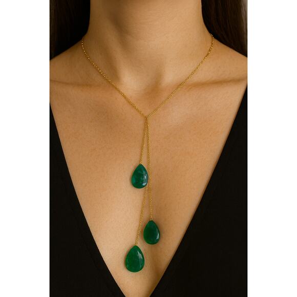 Elegant Boho Gold-Tone Green Teardrop Lariat Necklace - Picture 1 of 5